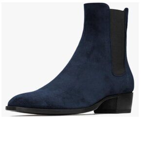 FOWT Deep Blue Men Fashion Round Toe Block Low Heel Stretchy Pull On Ankle Boots